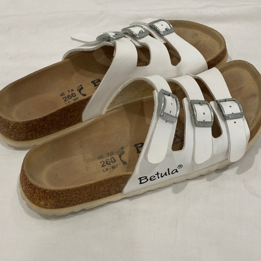 Betula White Triple-Buckle Cork Slide Sandals